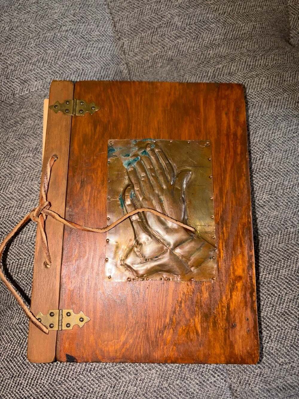 Vintage Handmade Wooden Prayer Journal with Copper Praying Hands Plaque